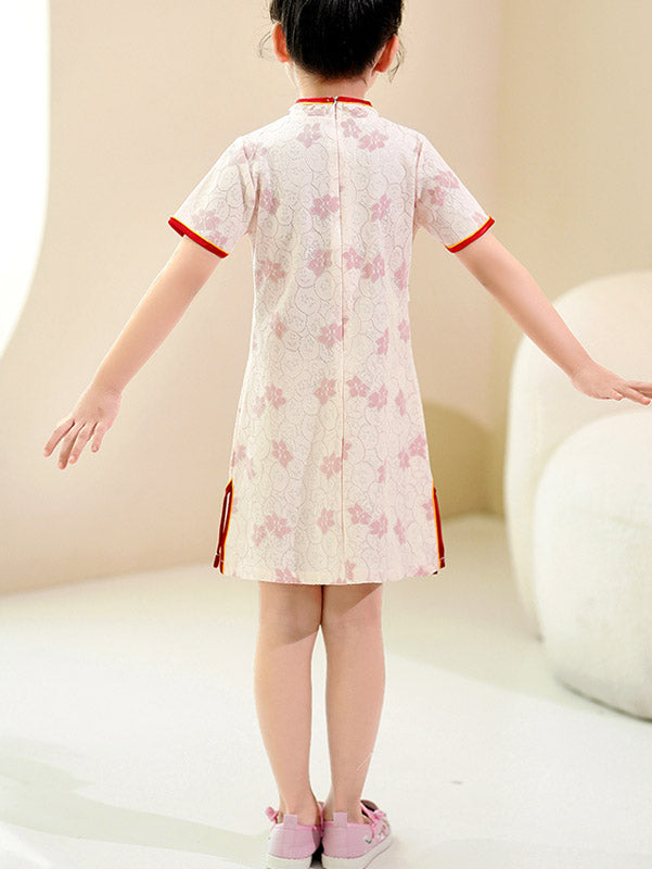 Pink Floral Lace Kids Girls Qipao Cheongsam Dress