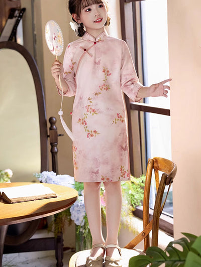 Pink Floral Suede Kids Girls Winter Qipao Cheongsam Dress