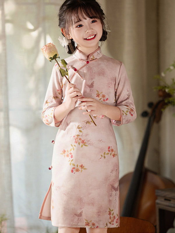 Pink Floral Suede Kids Girls Winter Qipao Cheongsam Dress