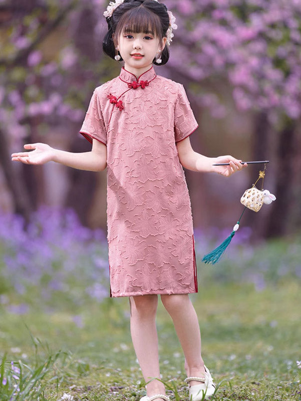 Pink Jacquard Chiffon Kids Girls Qipao Cheongsam Dress