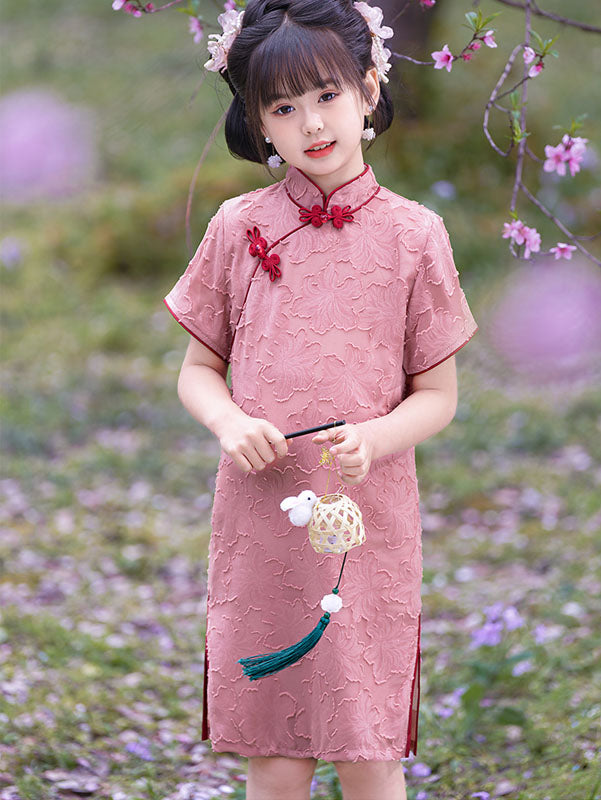 Pink Jacquard Chiffon Kids Girls Qipao Cheongsam Dress