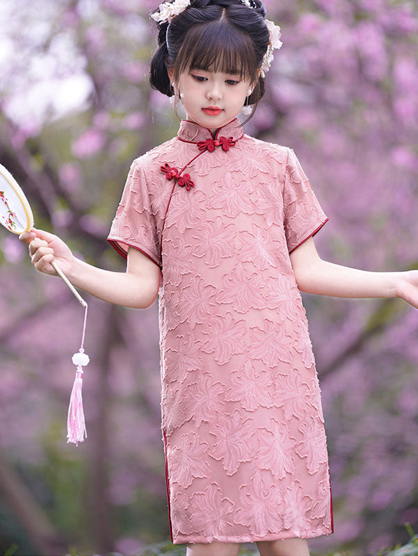 Pink Jacquard Chiffon Kids Girls Qipao Cheongsam Dress