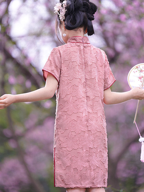 Pink Jacquard Chiffon Kids Girls Qipao Cheongsam Dress