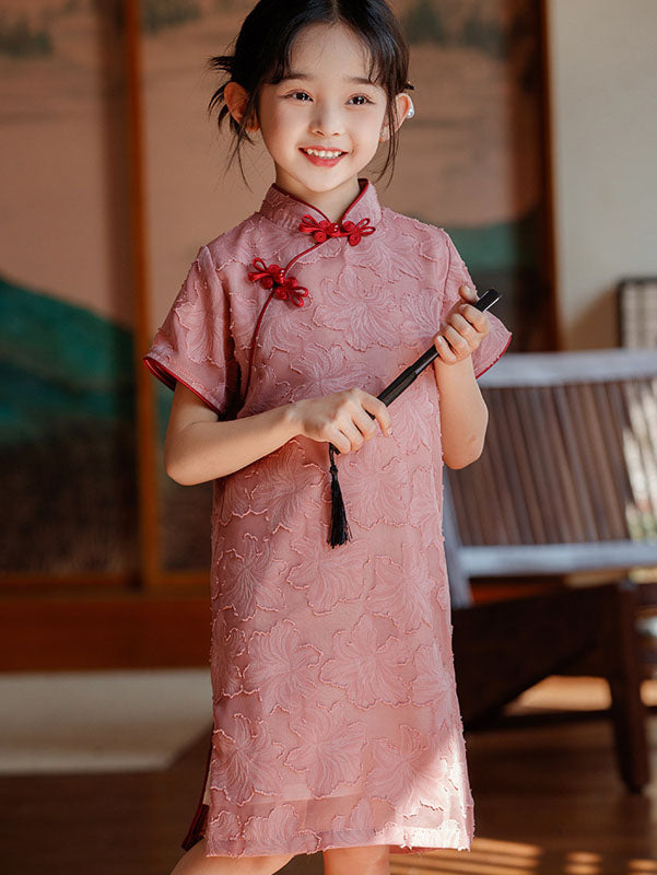 Pink Jacquard Chiffon Kids Girls Qipao Cheongsam Dress