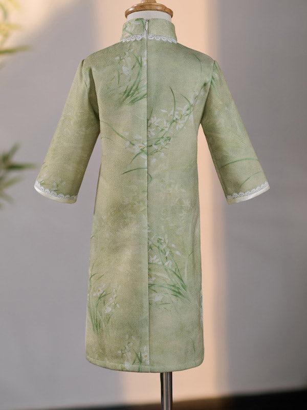 Green Floral Print Kids Girls Qipao Cheongsam Dress