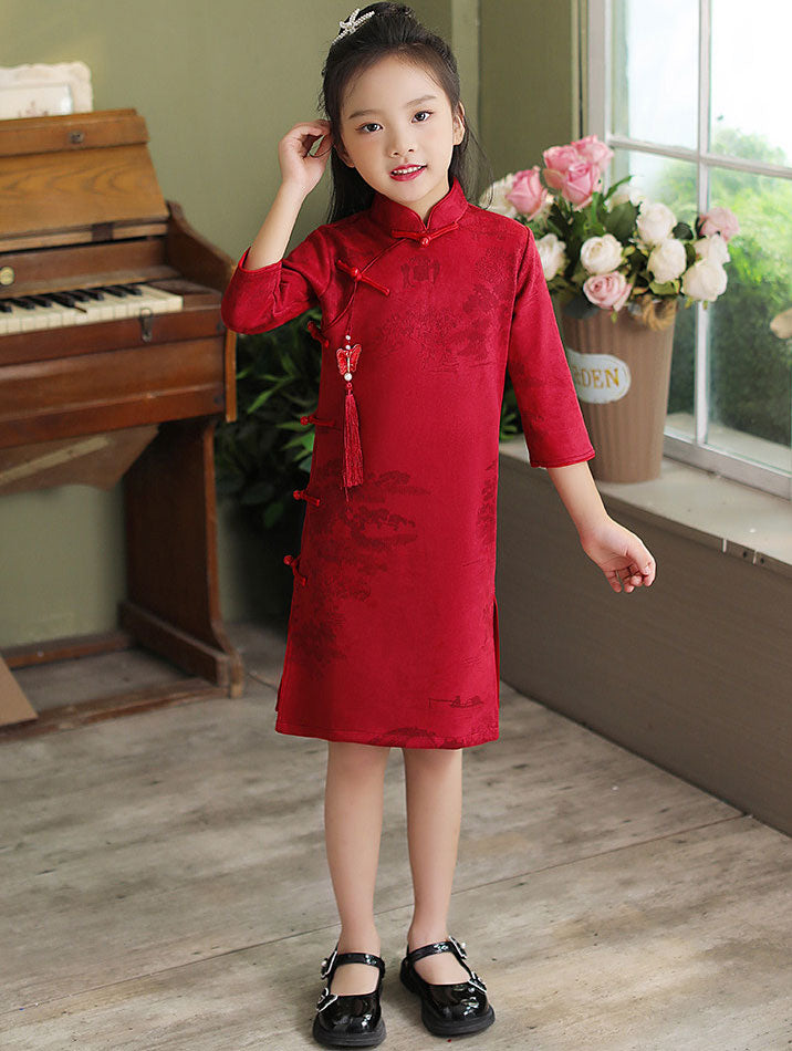 Red Print Suede Kids Girls Qipao Cheongsam Dress