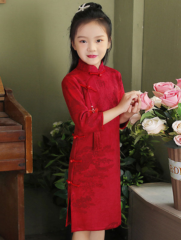 Red Print Suede Kids Girls Qipao Cheongsam Dress