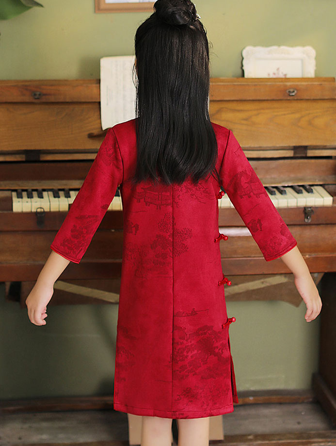 Red Print Suede Kids Girls Qipao Cheongsam Dress