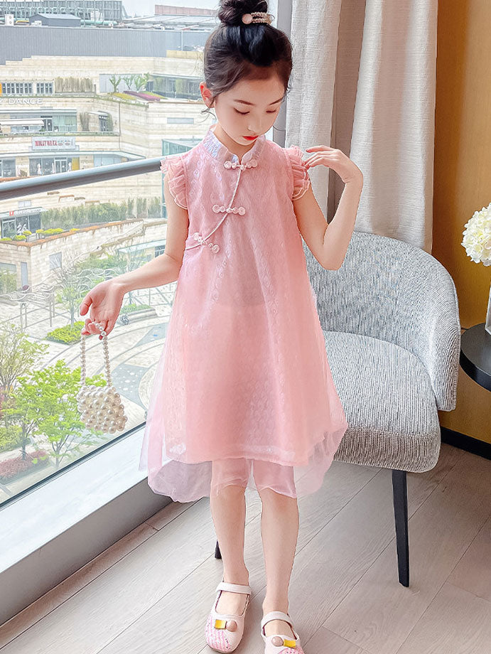 Pink Blue Kid Girls Mesh Cheongsam Dress