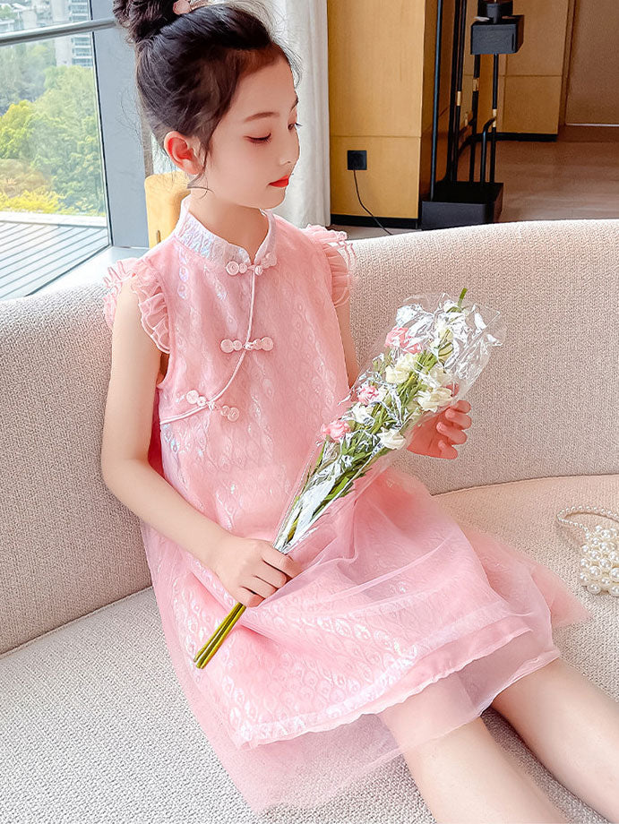 Pink Blue Kid Girls Mesh Cheongsam Dress