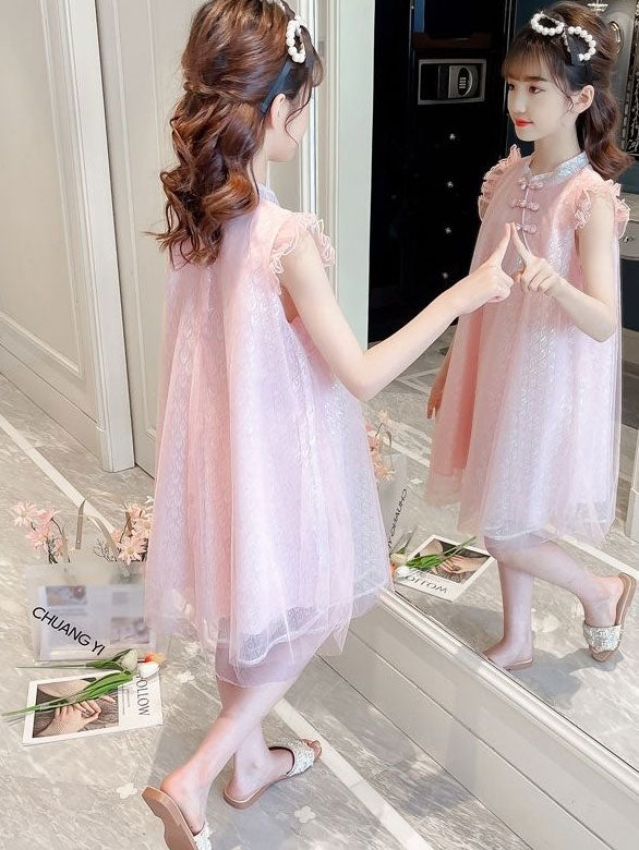 Pink Blue Kid Girls Mesh Cheongsam Dress