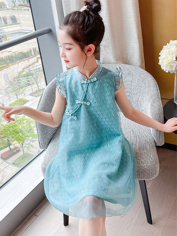 Pink Blue Kid Girls Mesh Cheongsam Dress