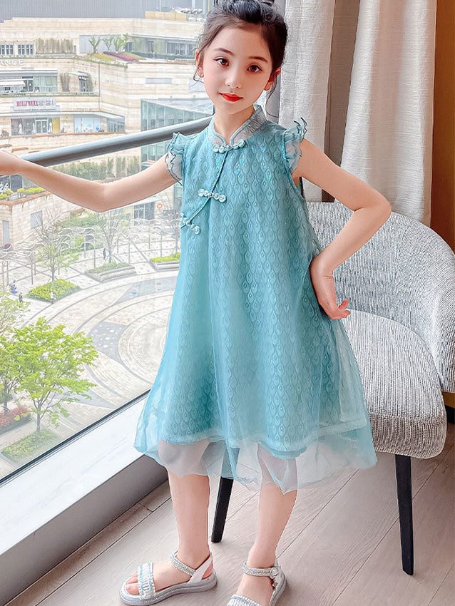 Pink Blue Kid Girls Mesh Cheongsam Dress