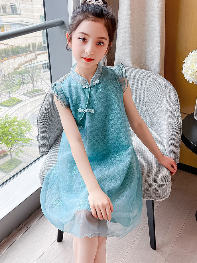 Pink Blue Kid Girls Mesh Cheongsam Dress