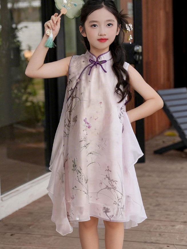 Purple Floral Print Kid Girls Cheongsam Qipao Dress