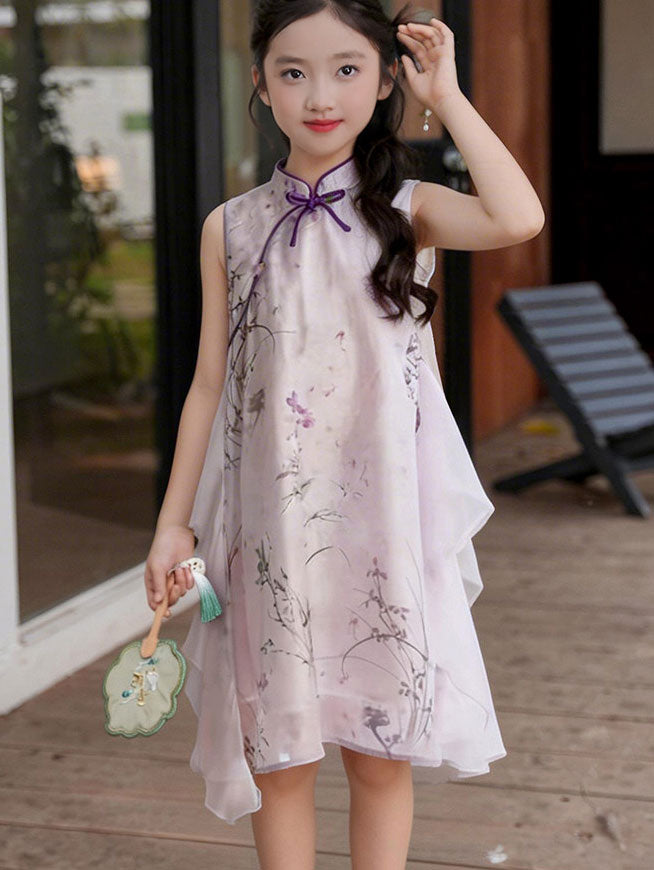 Purple Floral Print Kid Girls Cheongsam Qipao Dress
