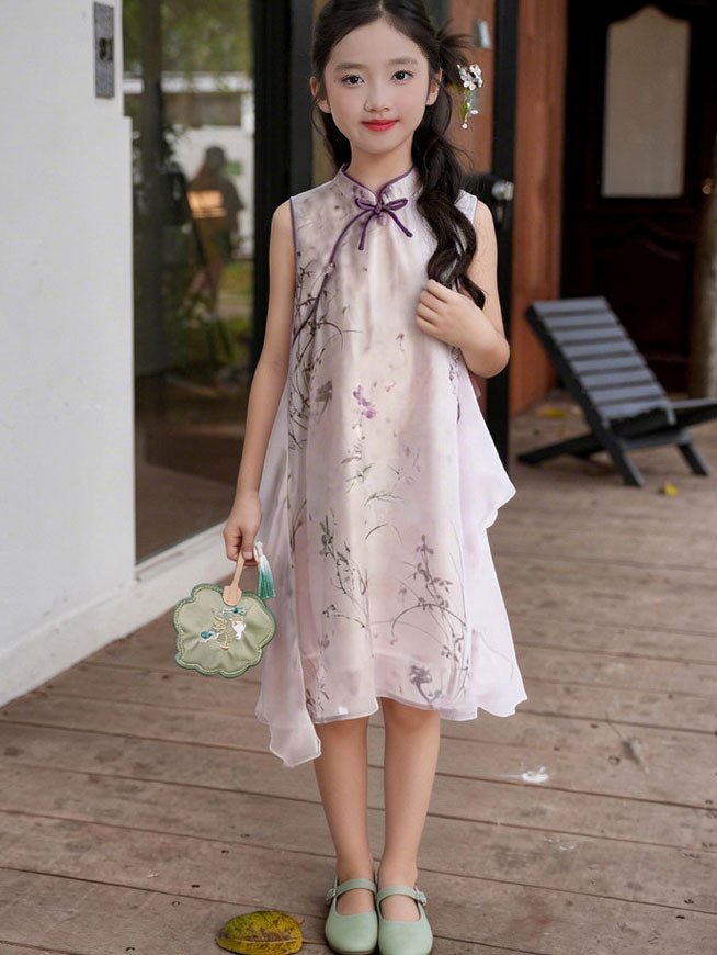 Purple Floral Print Kid Girls Cheongsam Qipao Dress