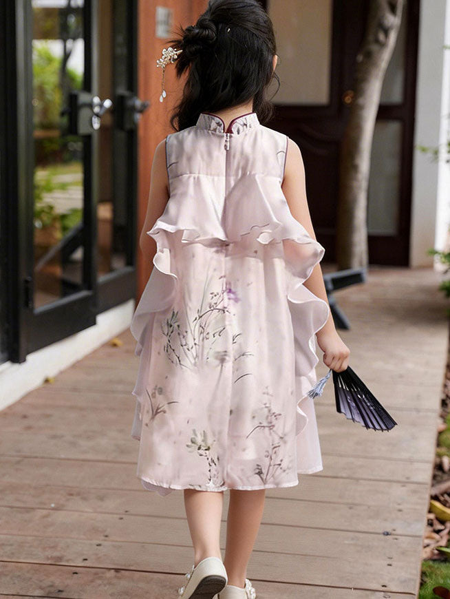 Purple Floral Print Kid Girls Cheongsam Qipao Dress