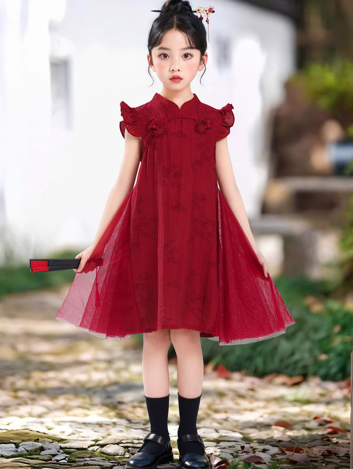Burgundy Bamboo Print Kid Girls Cheongsam Qipao Dress