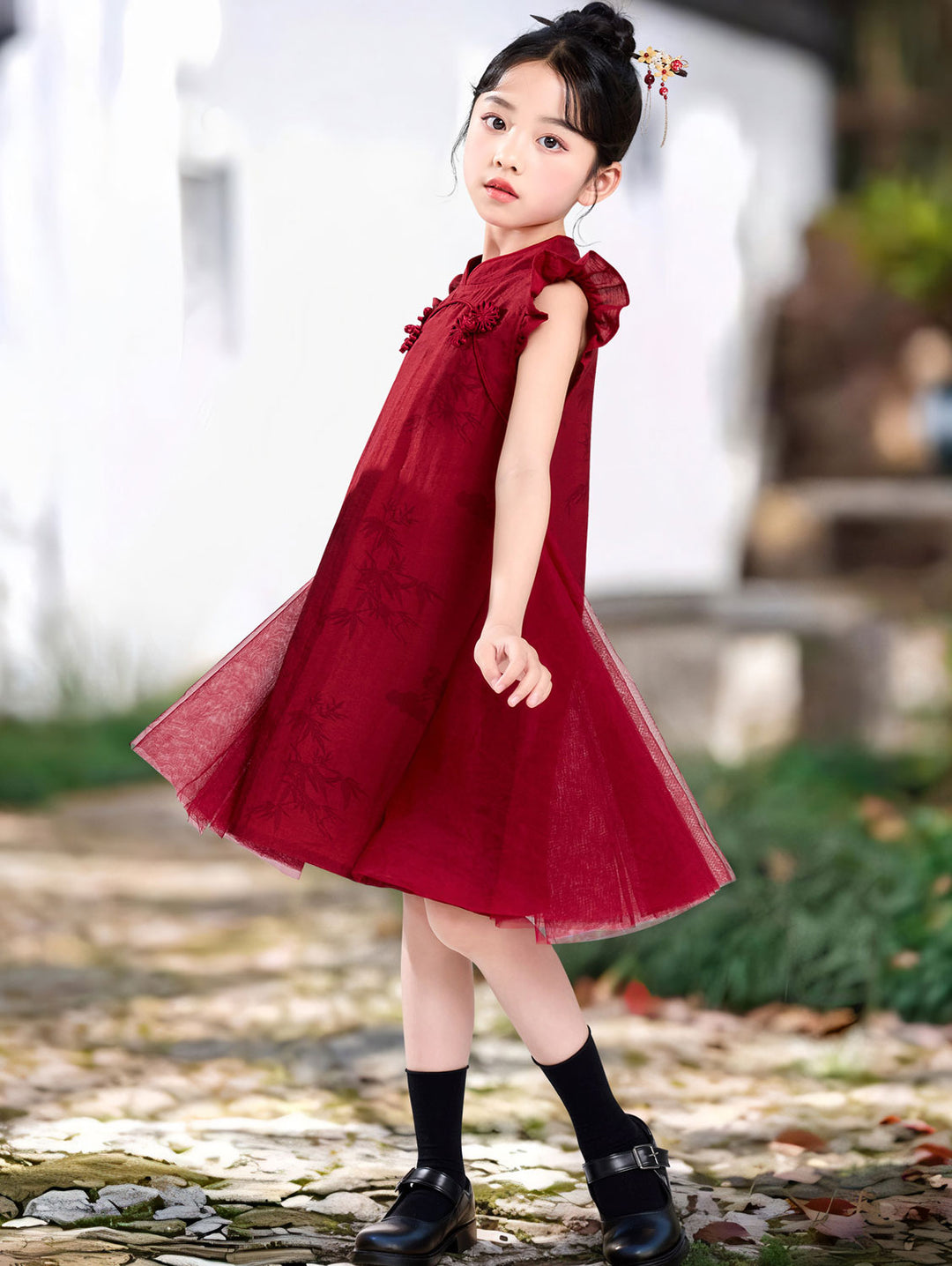 Burgundy Bamboo Print Kid Girls Cheongsam Qipao Dress