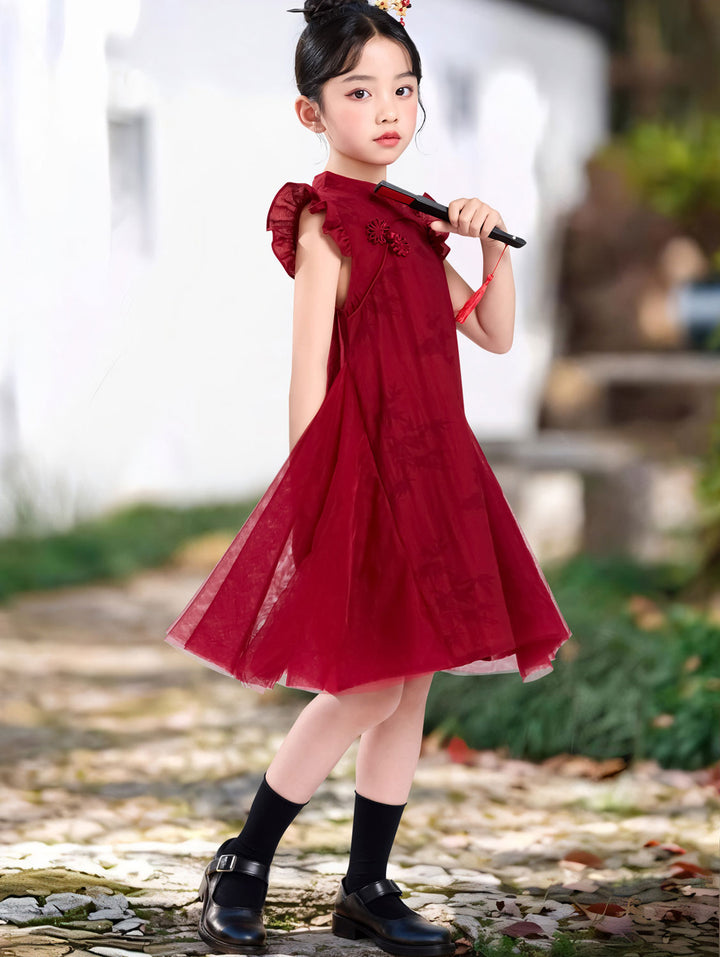 Burgundy Bamboo Print Kid Girls Cheongsam Qipao Dress