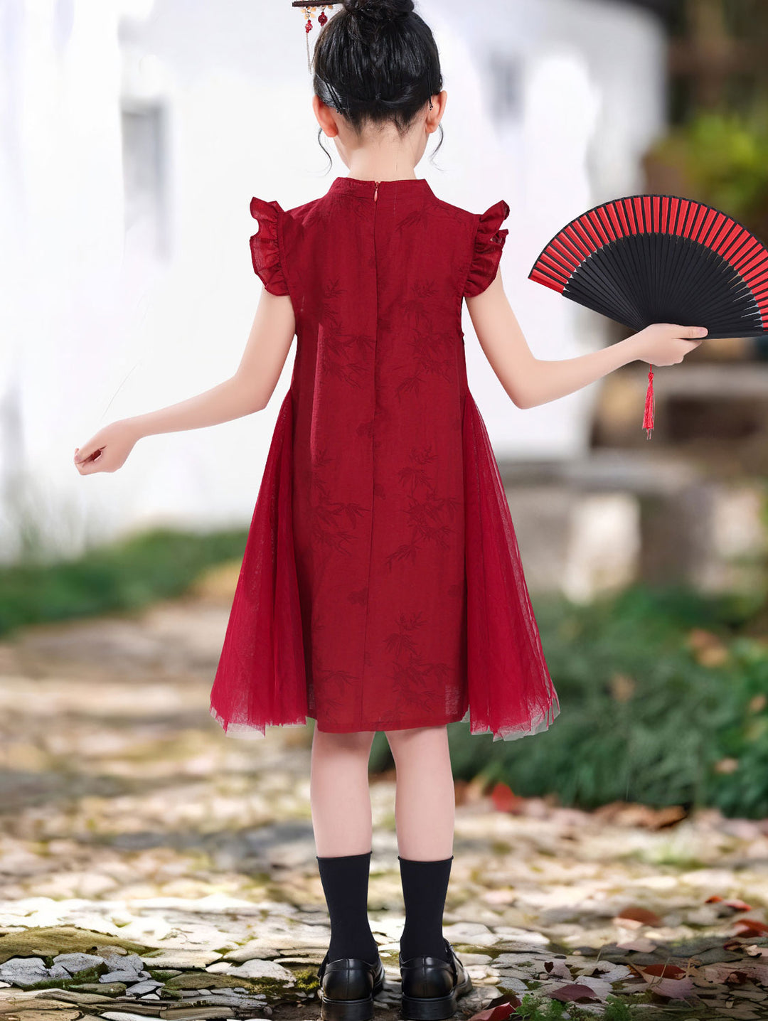 Burgundy Bamboo Print Kid Girls Cheongsam Qipao Dress