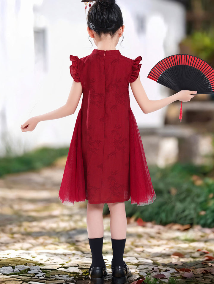 Burgundy Bamboo Print Kid Girls Cheongsam Qipao Dress