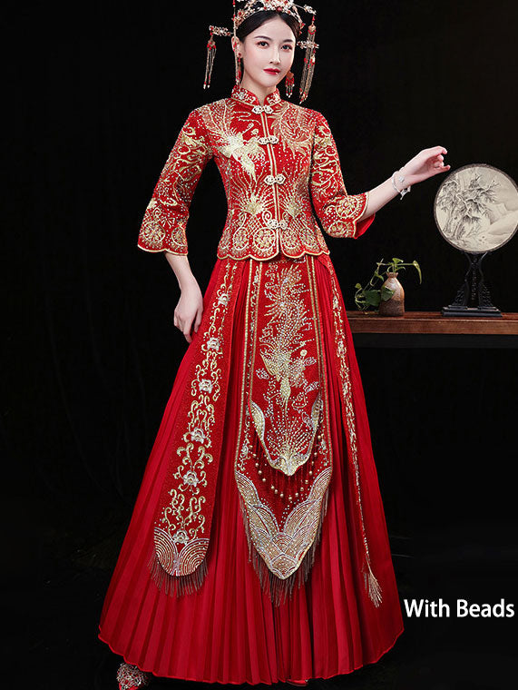 Beaded Embroidered Phoenix Wedding Qun Kwa with Pleated Skirt