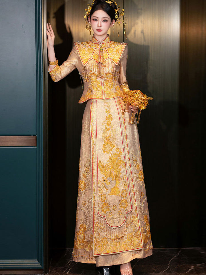 Champagne Embroidered Phoenix Wedding Bridal Qun Kwa & Skirt