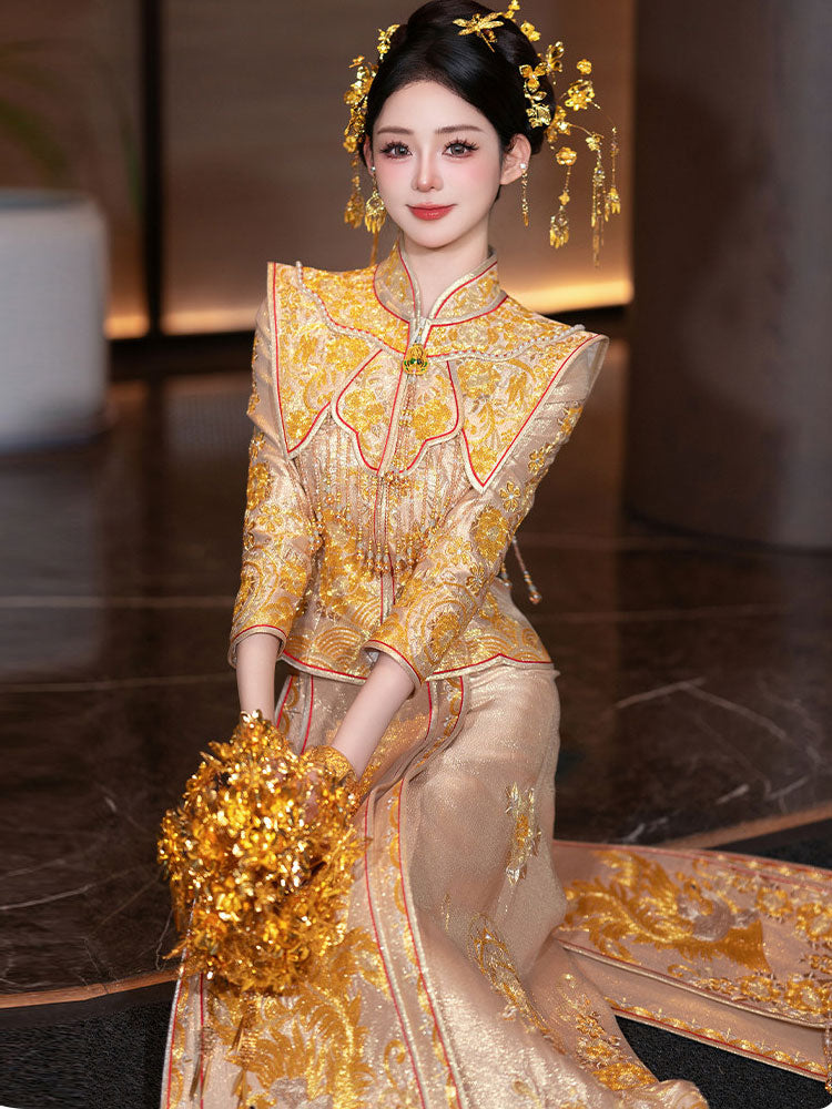 Champagne Embroidered Phoenix Wedding Bridal Qun Kwa & Skirt