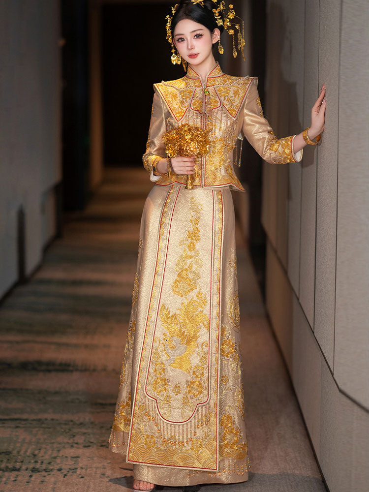 Champagne Embroidered Phoenix Wedding Bridal Qun Kwa & Skirt