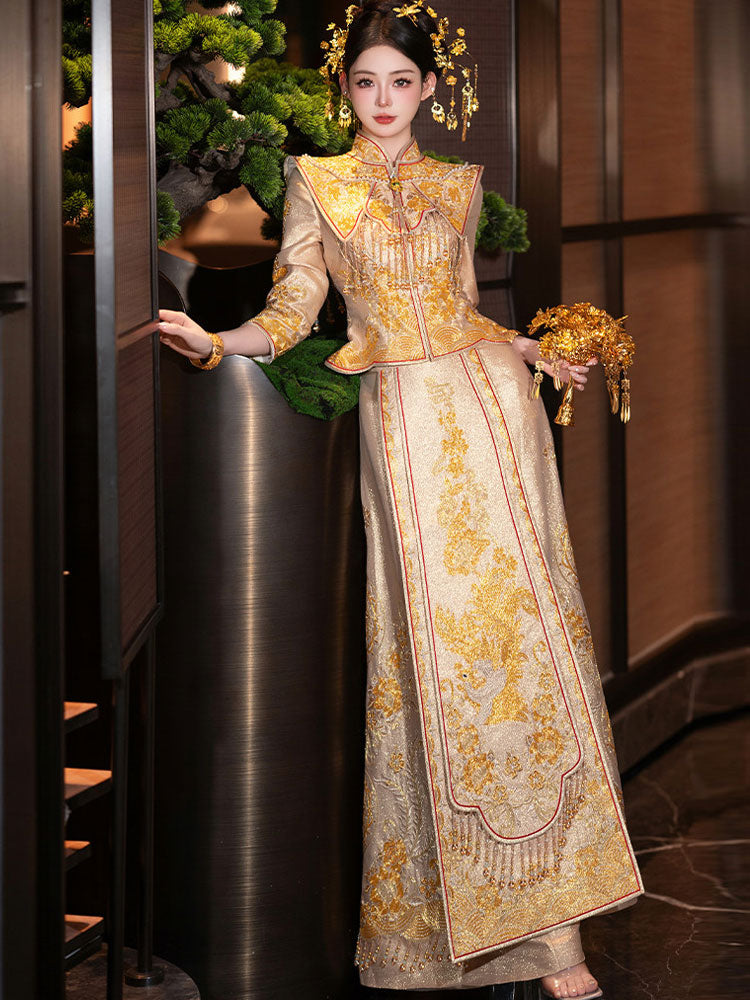 Champagne Embroidered Phoenix Wedding Bridal Qun Kwa & Skirt