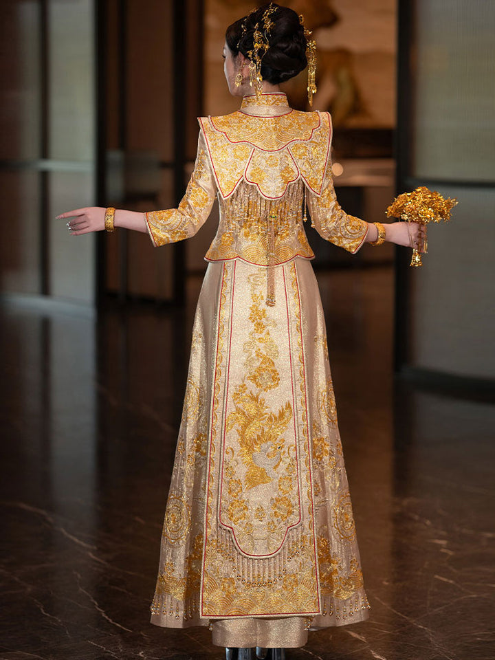 Champagne Embroidered Phoenix Wedding Bridal Qun Kwa & Skirt