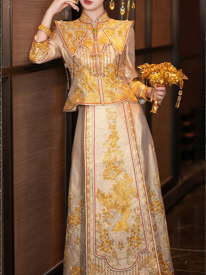 Champagne Embroidered Phoenix Wedding Bridal Qun Kwa & Skirt