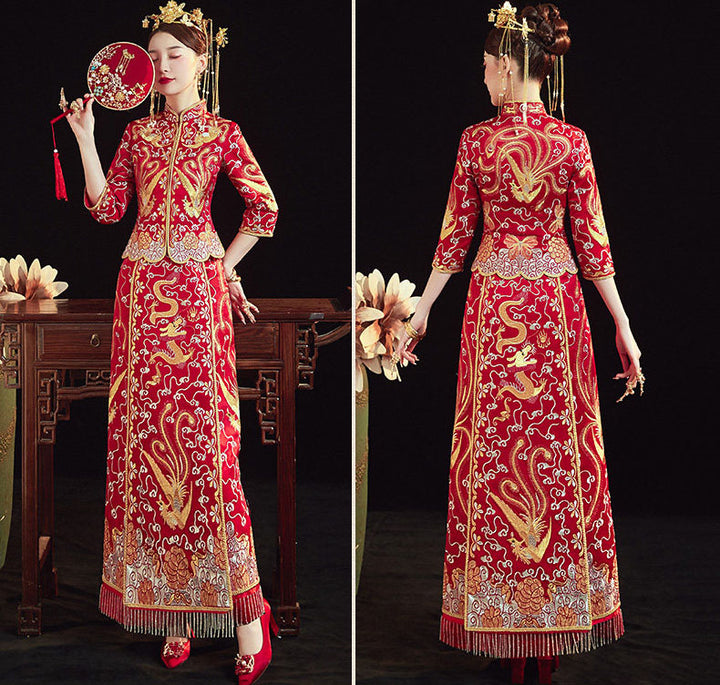 Traditional Chinese Wedding Qun Kwa with Embroidered Dragon Phoenix