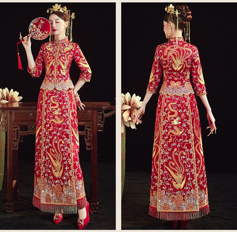 Traditional Chinese Wedding Qun Kwa with Embroidered Dragon Phoenix