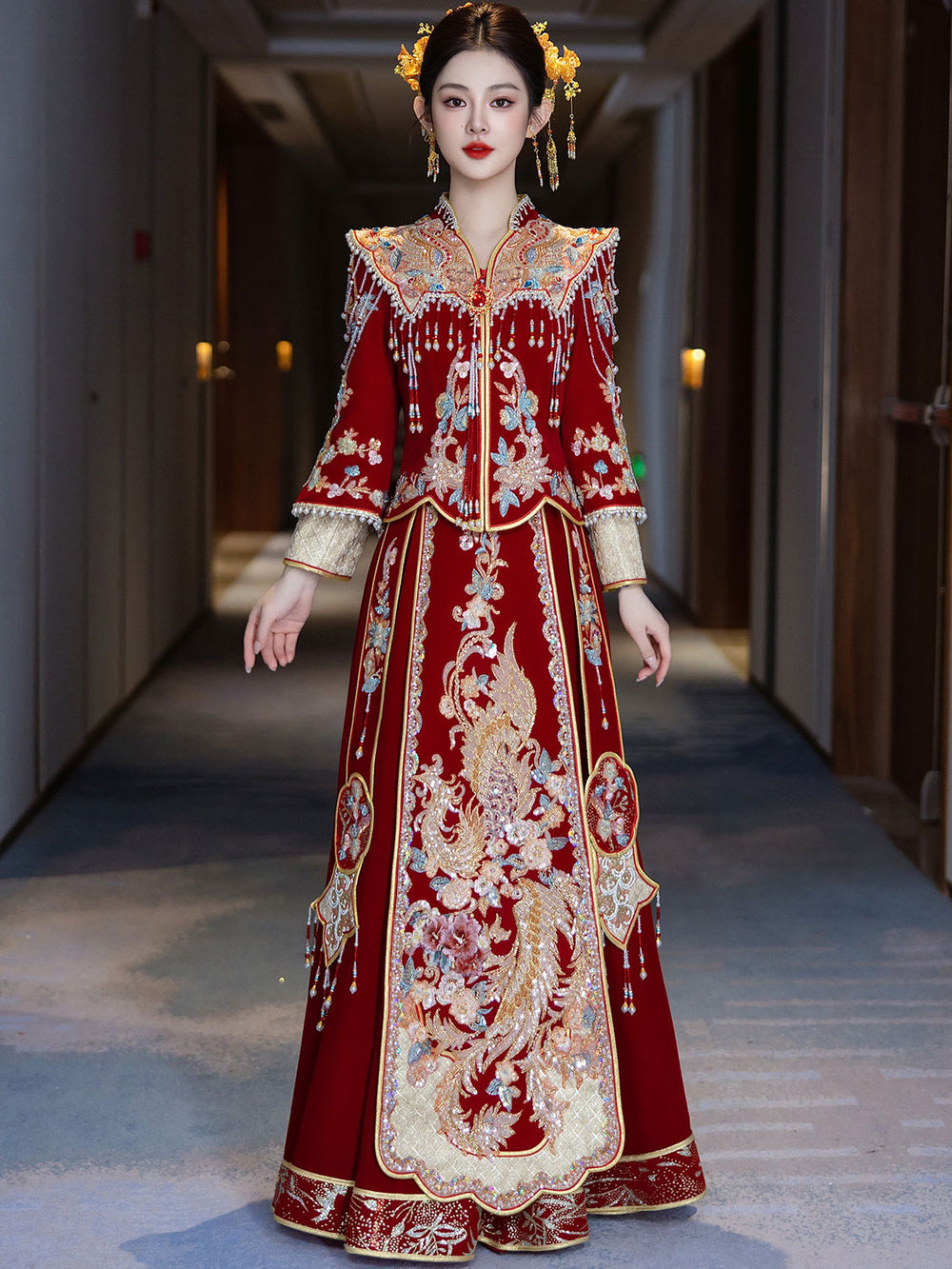 Winter Velvet Beads Phoenix Wedding Bridal Qun Gua Outfits