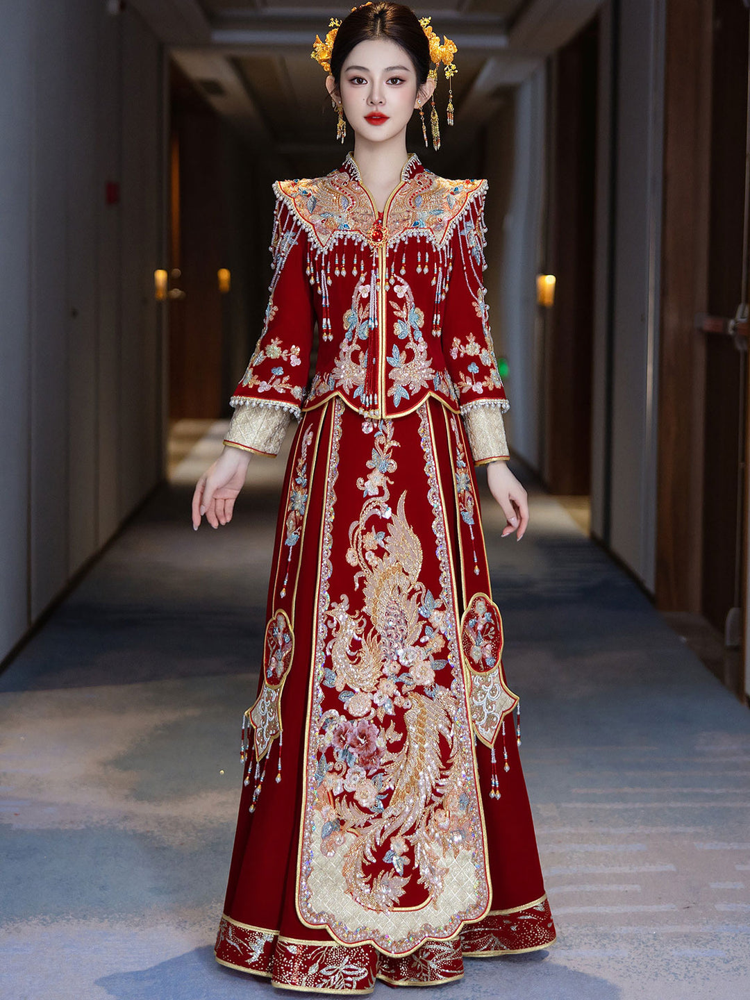 Winter Velvet Beads Phoenix Wedding Bridal Qun Gua Outfits