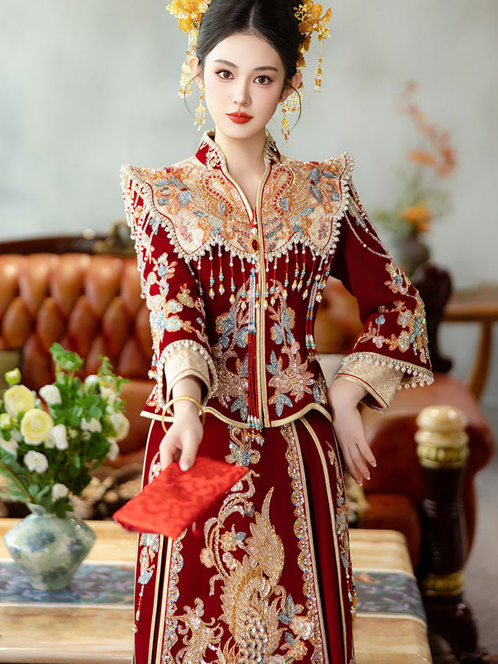 Winter Velvet Beads Phoenix Wedding Bridal Qun Gua Outfits