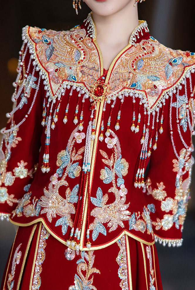 Winter Velvet Beads Phoenix Wedding Bridal Qun Gua Outfits