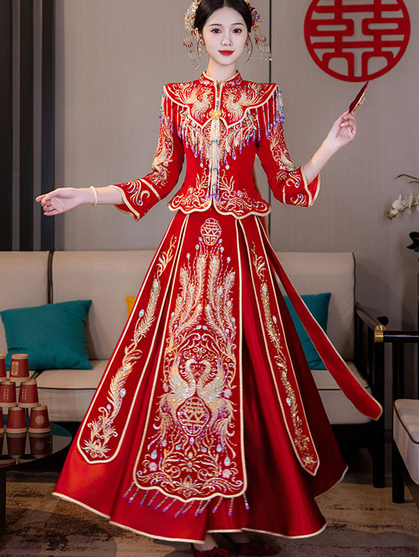 Beaded Embroidered Phoenix Velvet Wedding Bride Qun Kwa XiuHe