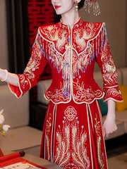 Beaded Embroidered Phoenix Velvet Wedding Bride Qun Kwa XiuHe