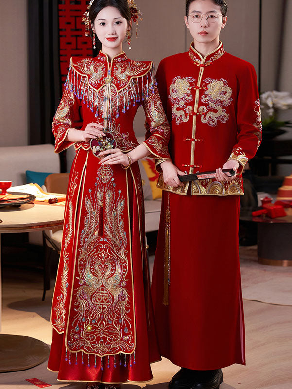 Beaded Embroidered Phoenix Velvet Wedding Bride Qun Kwa XiuHe