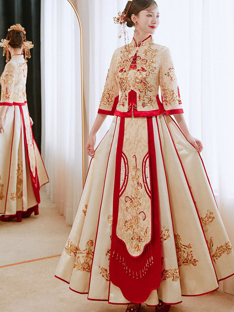 Champagne Sequins Wedding Bride Xiu He Qun Kwa