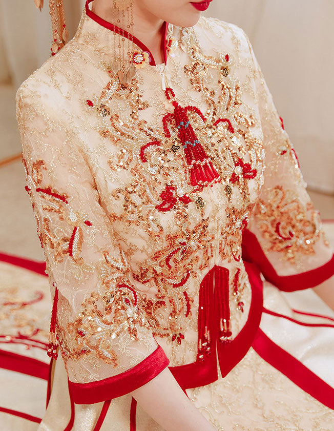 Champagne Sequins Wedding Bride Xiu He Qun Kwa