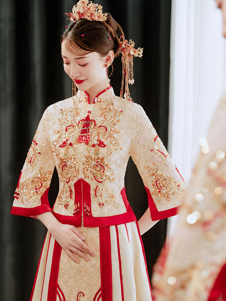 Champagne Sequined Wedding Bride Xiu He Qun Kwa