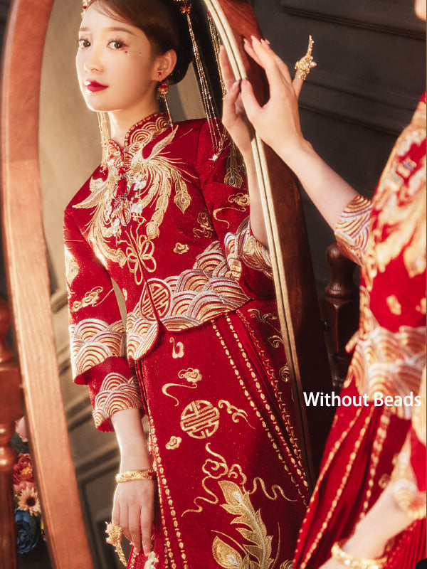 2023 Embroidered Beaded Phoenix Wedding Bride Qun Kwa Xiuhe
