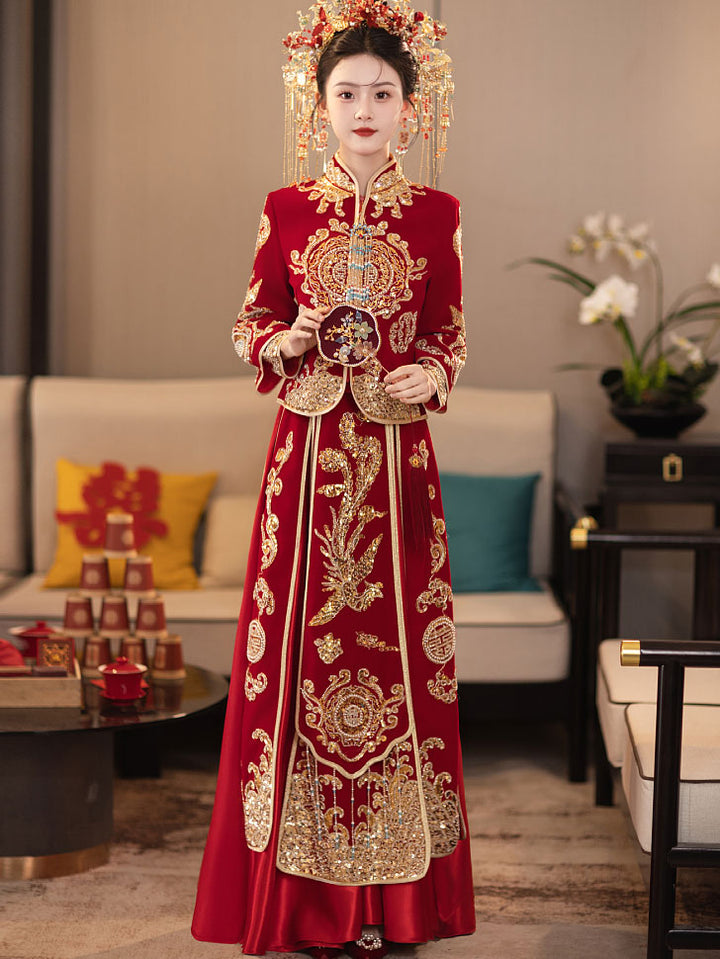 2 Pieces Sequins Phoenix Wedding Bride Top & Skirt Qun Kwa Xiuhe
