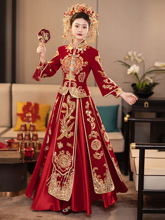 2 Pieces Sequins Phoenix Wedding Bride Top & Skirt Qun Kwa Xiuhe