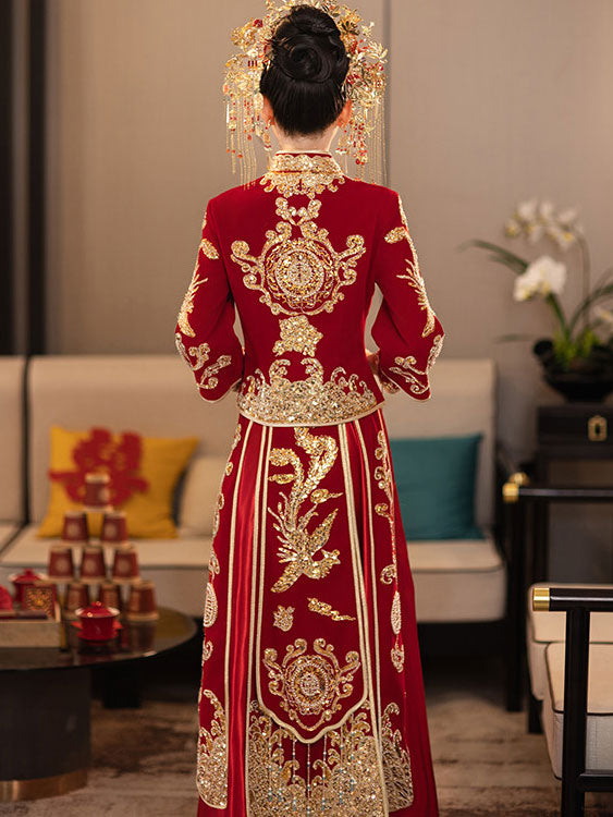 2 Pieces Sequins Phoenix Wedding Bride Top & Skirt Qun Kwa Xiuhe